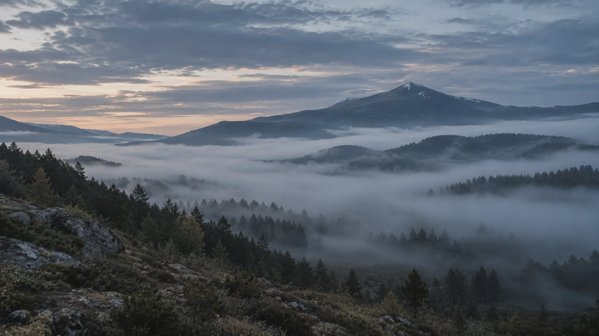 A clear mountain peak rising above layers of fog in a forested valley, representing that faith isn't believing without evidence.