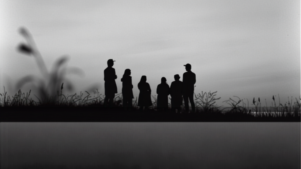 A small group of silhouettes gathered at dusk near water, representing how environment shapes how you perceive reality.