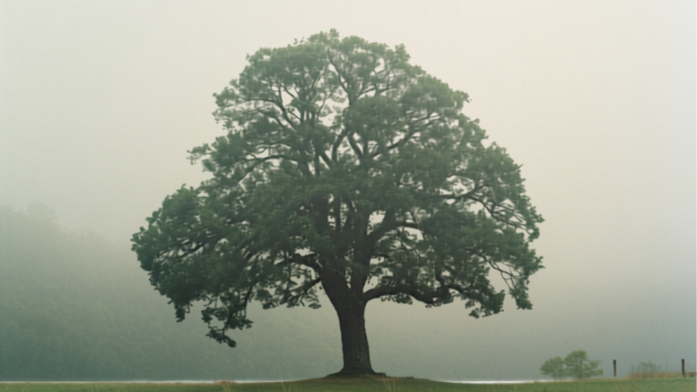 A large oak tree standing alone in a misty field, representing what it means to be in control of your own choices.