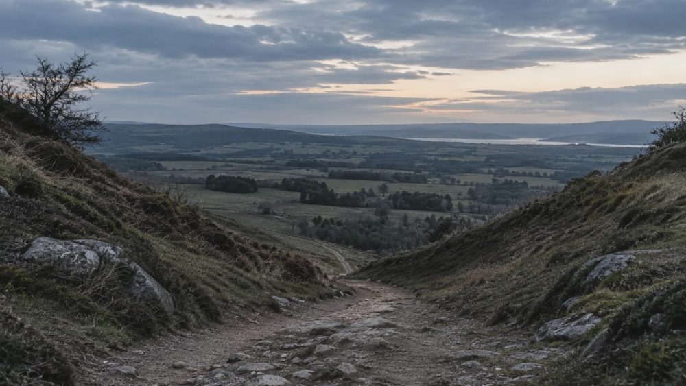A rocky trail descending into a valley with a wide landscape and lake beyond, representing two steps forward, one step back.