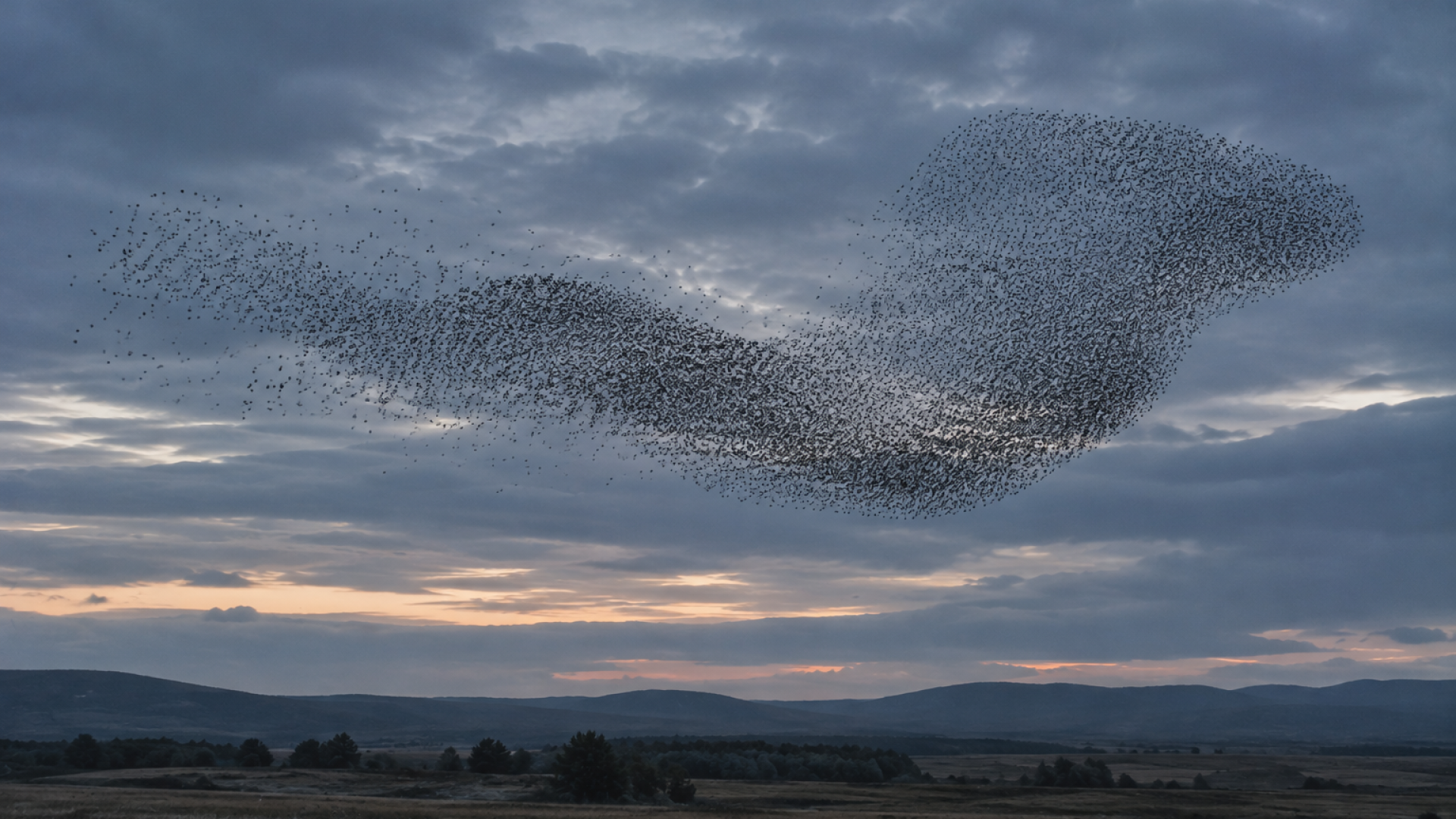 A large flock of birds moving together as one fluid shape over open hills at dusk, representing love your neighbor as yourself as one connected whole.