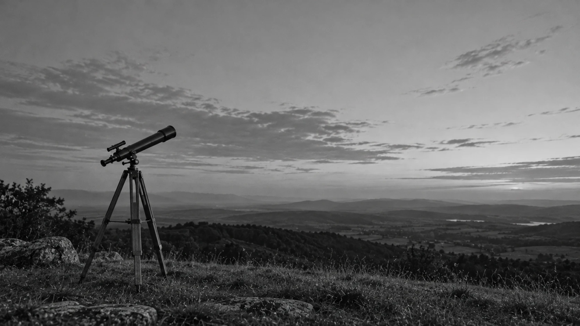 A small telescope on a tripod on a quiet hilltop at dusk, representing the search for the purpose of life.