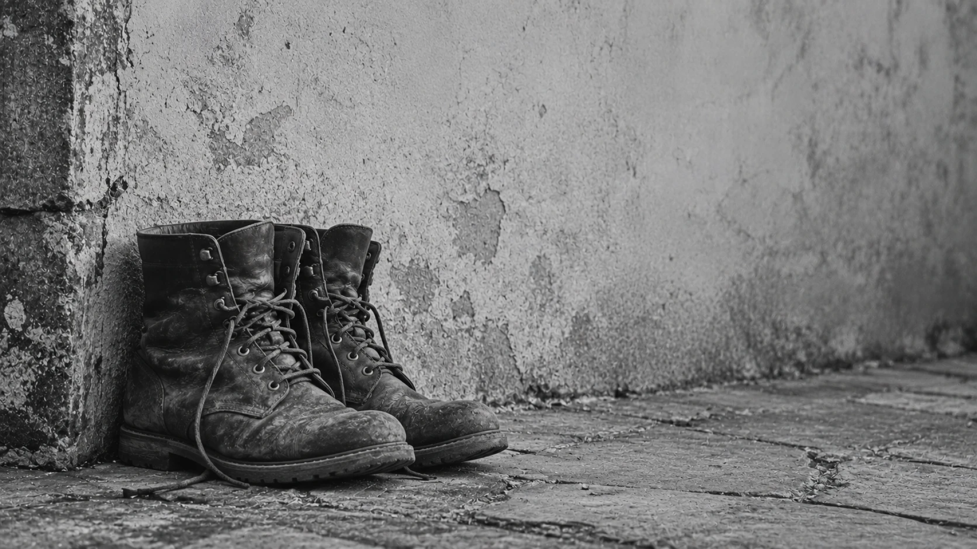 A pair of well-worn boots resting against a plain wall, representing the quiet weight of suffering and the question of why we suffer.