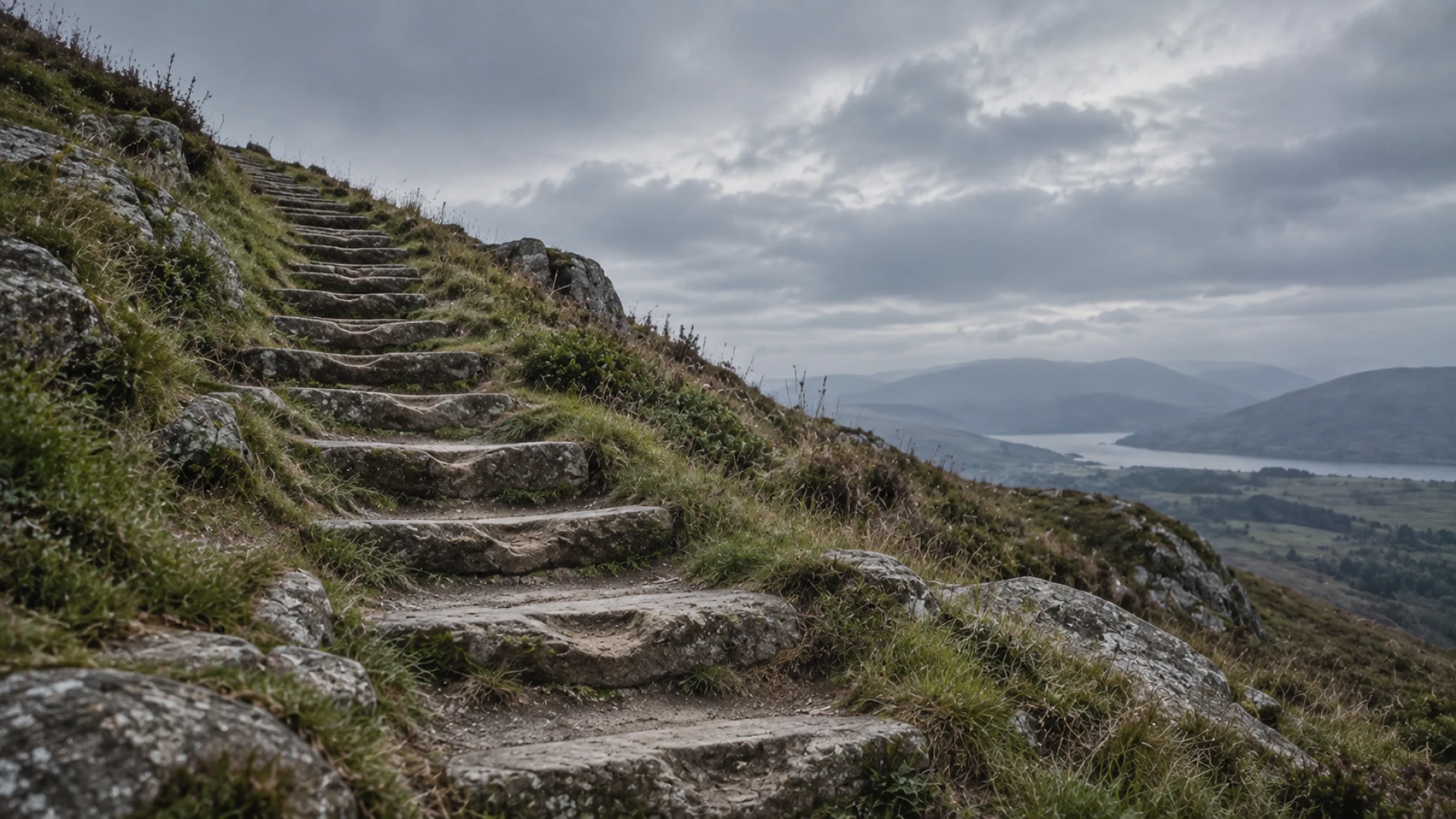Worn stone steps climbing a grassy hillside, representing rising above the ego instead of trying to get rid of it.